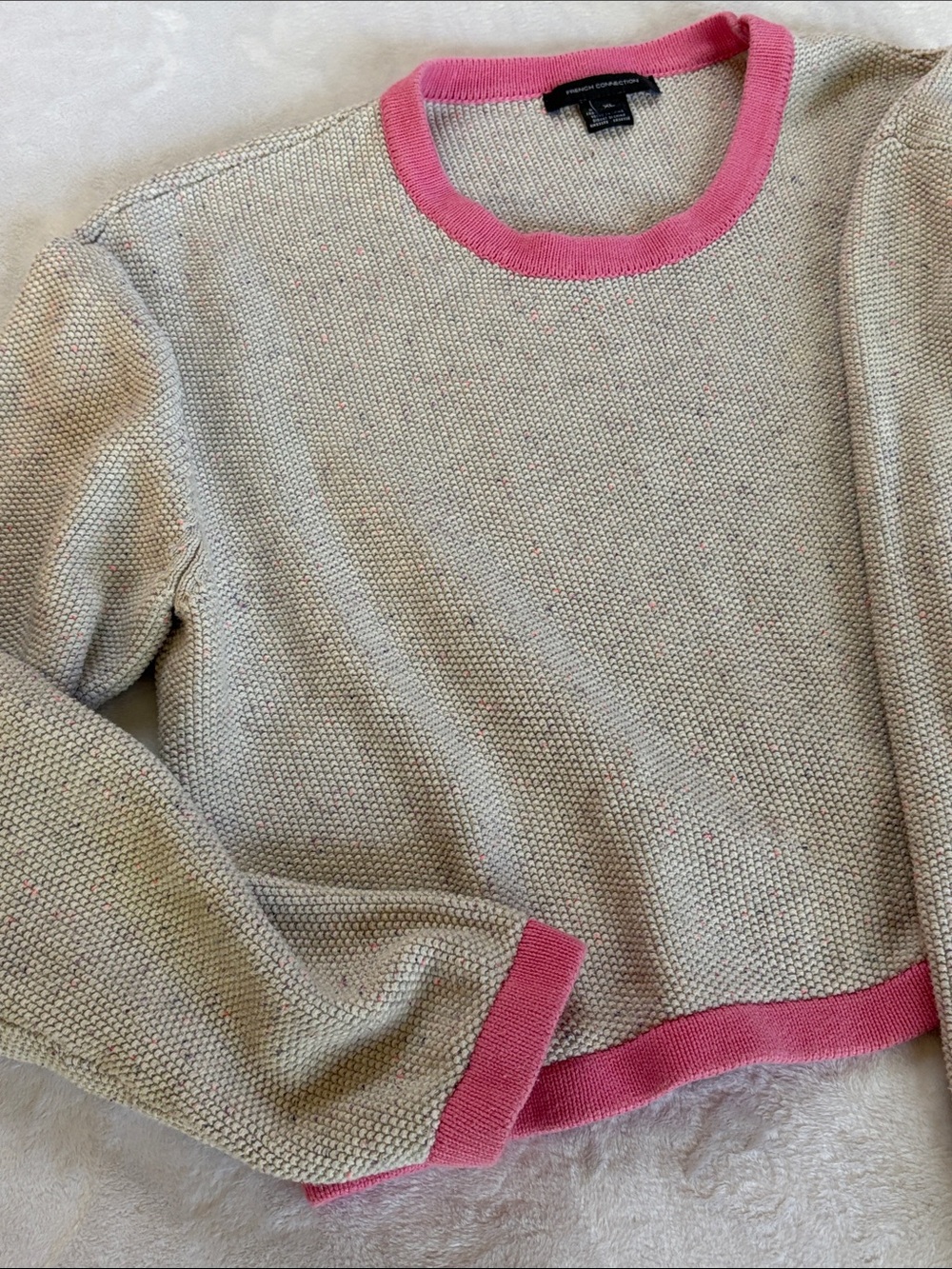 French Connection Wheat Beige Crewneck Sweater with Pink Trim XL